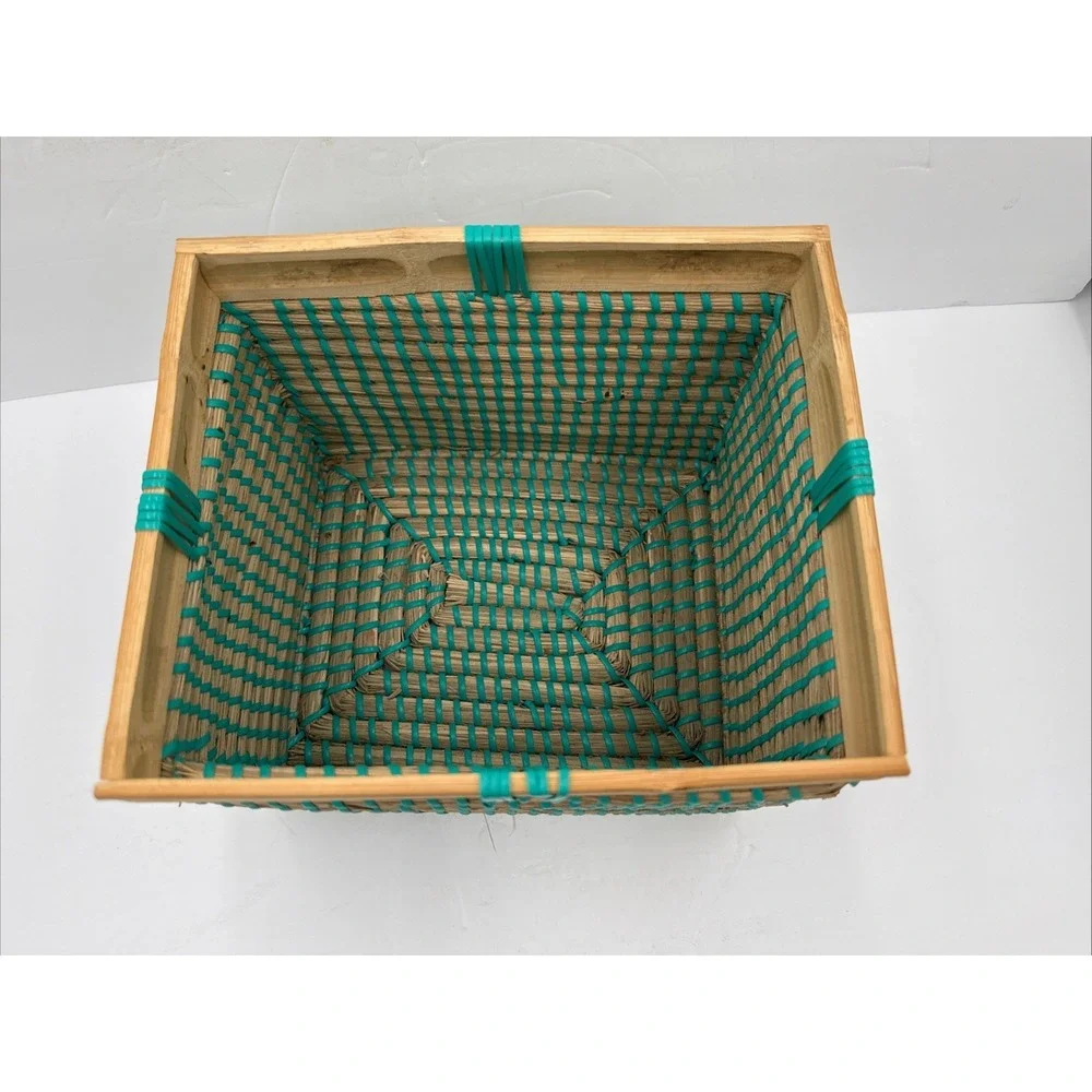 Max Studio Home Woven Reed Rattan Basket Make Up Storage Teal New